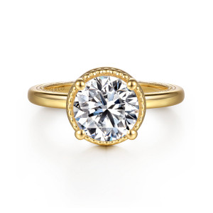 Gabriel & Co. ER16693R8Y4JJJ 14 karat yellow gold Contemporary engagement ring, front view of a round center inside a beaded metal collar with ball tipped prongs