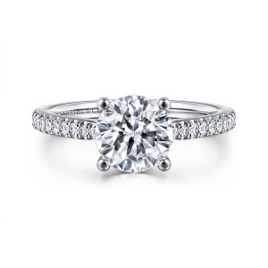 Gabriel & Co. ER16694R6W44JJ 14 karat white gold Contemporary engagement ring, front view of a round center on ball tipped prongs with diamonds along both shoulders