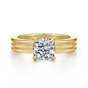 Gabriel & Co. ER16695C6Y44JJ 14 karat yellow gold Contemporary engagement ring, front view of a cushion cut center resting on a broad band with grooved ribs