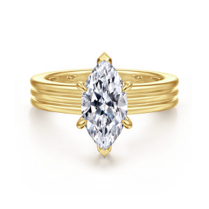 Gabriel & Co. ER16695M6Y44JJ 14 karat yellow gold Contemporary engagement ring, front view of a marquise center with pointed tip prongs above a broad band of parallel ridges
