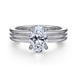 Gabriel & Co. ER16695O6W44JJ 14 karat white gold Contemporary engagement ring, front view of an oval center gripped by slim prongs above a broad band of rounded ridges