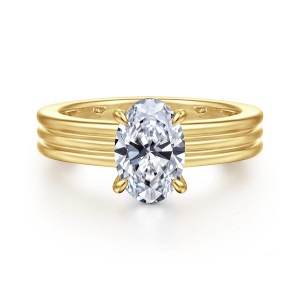 Gabriel & Co. ER16695O6Y44JJ 14 karat yellow gold Contemporary engagement ring, front view of an oval center with four prongs above a wide band of three rounded ridges