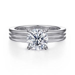 Gabriel & Co. ER16695R6W44JJ 14 karat white gold Contemporary engagement ring, front view of a round center on slim claw prongs above a broad band of parallel rounded ridges