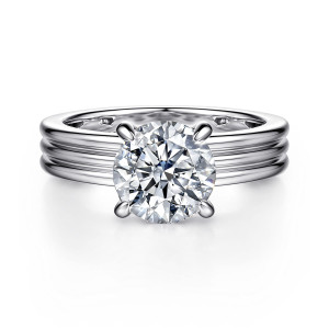 Gabriel & Co. ER16695R8W44JJ 14 karat white gold Contemporary engagement ring, front view of a round center on four slim prongs above the ribbed band