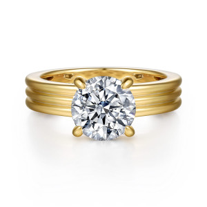 Gabriel & Co. ER16695R8Y44JJ 14 karat yellow gold Contemporary engagement ring, front view of a round center in four claw prongs above a wide band of three ribs