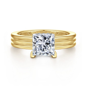 Gabriel & Co. ER16695S6Y44JJ 14 karat yellow gold Contemporary engagement ring, front view of a princess cut center with corner prongs on a broad band of parallel ribs