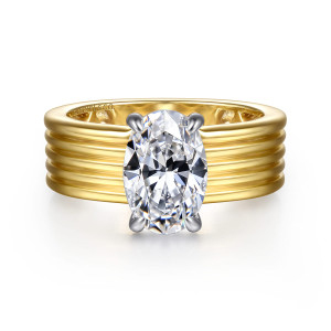 Gabriel & Co. ER16696O8M44JJ 14 karat white and yellow gold Contemporary engagement ring, front view of an oval center in a paler head across a broad band of smooth parallel ridges