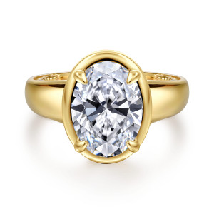 Gabriel & Co. ER16697O12Y44JJ 14 karat yellow gold Contemporary engagement ring, front view of an oval center inside a smooth polished collar with teardrop tipped prongs