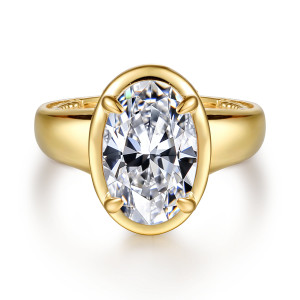 Gabriel & Co. ER16697O16Y44JJ 14 karat yellow gold Contemporary engagement ring, front view of an oval center held by claw prongs inside a smooth metal frame