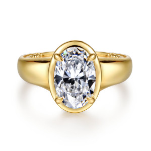Gabriel & Co. ER16697O8Y44JJ 14 karat yellow gold Contemporary engagement ring, front view of an oval center inside a thick smooth rim with four small prongs