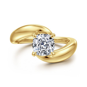 Gabriel & Co. ER16698C6Y4JJJ 14 karat yellow gold Contemporary engagement ring, front view of a cushion center on four claw prongs between overlapping band ends
