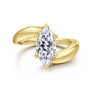 Gabriel & Co. ER16698M6Y4JJJ 14 karat yellow gold Contemporary engagement ring, front view of a marquise center with pointed end tips as the smooth band ends overlap beside it
