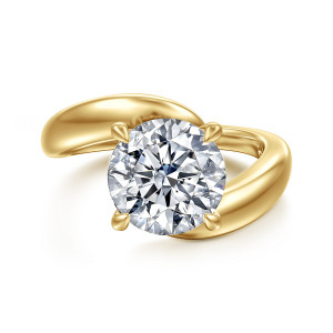 Gabriel & Co. ER16698R12Y4JJJ 14 karat yellow gold Contemporary engagement ring, front view of a round center with the two band ends sweeping past each other