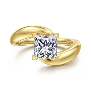 Gabriel & Co. ER16698S6Y4JJJ 14 karat yellow gold Contemporary engagement ring, front view of a princess cut center where two rounded band ends sweep past each other