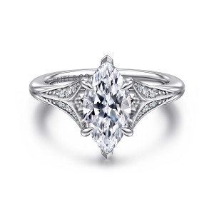 Gabriel & Co. ER16704M6W44JJ 14 karat white gold Contemporary engagement ring, front view of a marquise center with pointed end prongs and open, diamond set shoulders