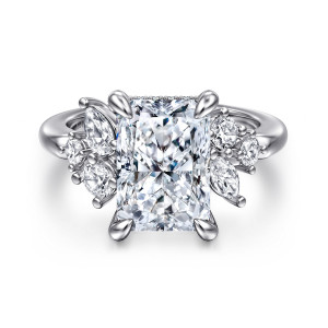 Gabriel & Co. ER16706N16W44JJ 14 karat white gold Starlight engagement ring, front view of the clipped corner center between two leaf like clusters of small stones