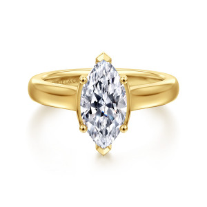 Gabriel & Co. ER16707M6Y44JJ 14 karat yellow gold Contemporary engagement ring, front view of a marquise center held by pointed end prongs and four ball prongs
