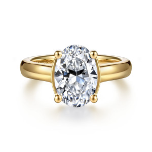 Gabriel & Co. ER16707O8Y44JJ 14 karat yellow gold Contemporary engagement ring, front view of an oval center held by four ball tipped prongs on a smooth band