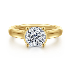 Gabriel & Co. ER16707R6Y44JJ 14 karat yellow gold Contemporary engagement ring, front view of a round center between four ball tipped prongs on a wide polished band