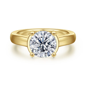 Gabriel & Co. ER16707R8Y44JJ 14 karat yellow gold Contemporary engagement ring, front view of a round center framed by a flat collar and four ball-tipped prongs
