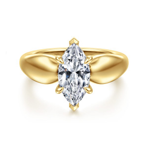 Gabriel & Co. ER16709M6Y44JJ 14 karat yellow gold Contemporary engagement ring, front view of a marquise center gripped by six pointed prongs between swelling shoulders