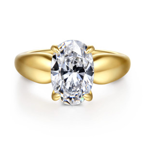 Gabriel & Co. ER16709O12Y44JJ 14 karat yellow gold Contemporary engagement ring, front view of an oval center between bold domed shoulders with four rounded prongs