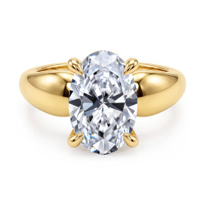 Gabriel & Co. ER16709O16Y44JJ 14 karat yellow gold Contemporary engagement ring, front view of an oval center gripped by rounded claws between thick domed shoulders