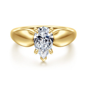Gabriel & Co. ER16709P6Y44JJ 14 karat yellow gold Contemporary engagement ring, front view of a pear shaped center held by slim prongs between broad, smooth swelling shoulders