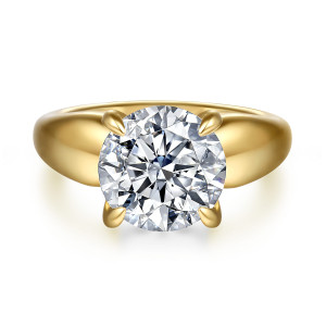 Gabriel & Co. ER16709R16Y44JJ 14 karat yellow gold Contemporary engagement ring, front view of the round center between broad domed shoulders with no stones showing from above