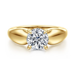 Gabriel & Co. ER16709R6Y44JJ 14 karat yellow gold Contemporary engagement ring, front view of a round center between wide domed shoulders that rise to meet the prongs