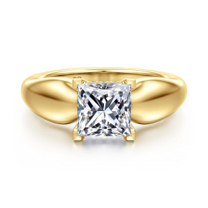 Gabriel & Co. ER16709S6Y44JJ 14 karat yellow gold Contemporary engagement ring, front view of a princess cut center with corner prongs between broad domed shoulders