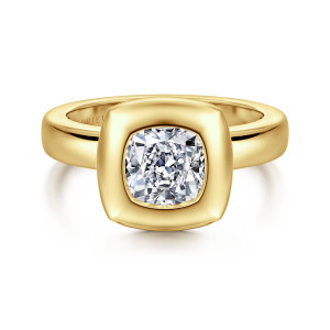 Gabriel & Co. ER16710C6Y4JJJ 14 karat yellow gold Contemporary engagement ring, front view of a cushion cut center set inside a thick rounded square bezel frame