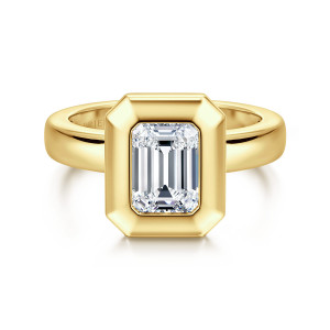 Gabriel & Co. ER16710E6Y4JJJ 14 karat yellow gold Contemporary engagement ring, front view of a smooth bezel with clipped corners around an emerald cut center