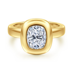 Gabriel & Co. ER16710G8Y4JJJ 14 karat yellow gold Contemporary engagement ring, front view of an elongated center in a thick smooth bezel on a broad plain band