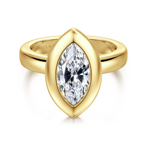 Gabriel & Co. ER16710M6Y4JJJ 14 karat yellow gold Contemporary engagement ring, front view of a thick pointed oval bezel wrapped around the marquise center on a plain band