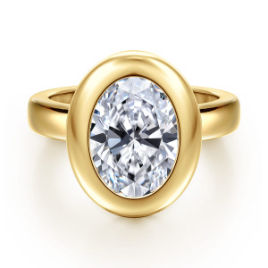 Gabriel & Co. ER16710O12Y4JJJ 14 karat yellow gold Contemporary engagement ring, front view of an oval center inside a thick, smooth domed bezel with plain shoulders