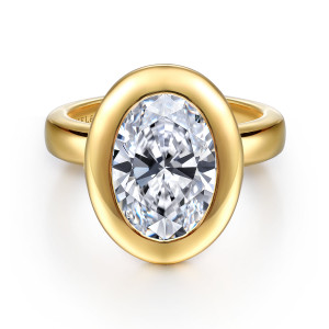 Gabriel & Co. ER16710O16Y4JJJ 14 karat yellow gold Contemporary engagement ring, front view of an oval center inside a wide rounded bezel rim on a smooth band