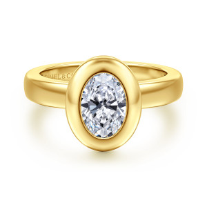 Gabriel & Co. ER16710O4Y4JJJ 14 karat yellow gold Contemporary engagement ring, front view of an oval center inside a thick domed bezel on a wide smooth band