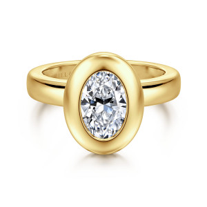 Gabriel & Co. ER16710O6Y4JJJ 14 karat yellow gold Contemporary engagement ring, front view of an oval center sunk in a thick, domed bezel rim on a wide band