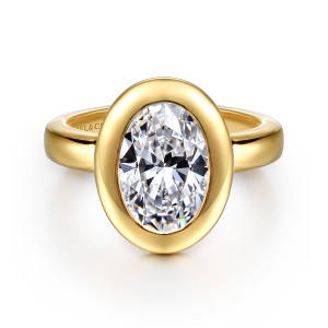 Gabriel & Co. ER16710O8Y4JJJ 14 karat yellow gold Contemporary engagement ring, front view of an oval center in a wide, smooth bezel with no prongs