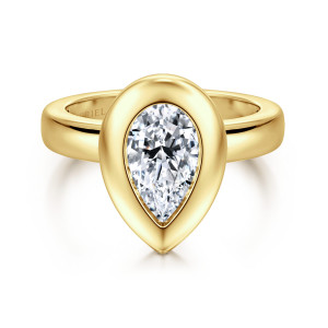 Gabriel & Co. ER16710P6Y4JJJ 14 karat yellow gold Contemporary engagement ring, front view of a thick teardrop bezel enclosing a pear shaped center on a broad band