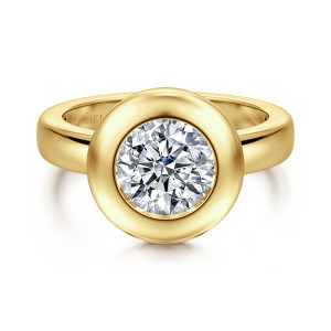 Gabriel & Co. ER16710R6Y4JJJ 14 karat yellow gold Contemporary engagement ring, front view of a round center inside a thick smooth bezel rim
