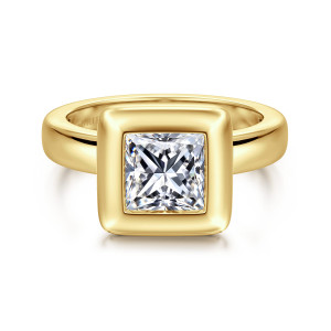 Gabriel & Co. ER16710S6Y4JJJ 14 karat yellow gold Contemporary engagement ring, front view of a thick rounded square bezel framing the center with no prongs