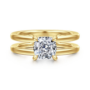 Gabriel & Co. ER16711C6Y44JJ 14 karat yellow gold Contemporary engagement ring, front view of a cushion center held by four claws between two wide parallel bars