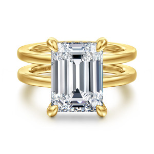 Gabriel & Co. ER16711E20Y44JJ 14 karat yellow gold Contemporary engagement ring, front view of an emerald cut center in four prongs above two parallel rails of the band