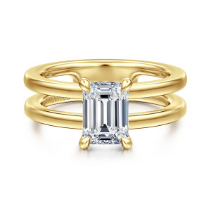 Gabriel & Co. ER16711E6Y44JJ 14 karat yellow gold Contemporary engagement ring, front view of an emerald cut center between two wide parallel rails with a clear gap
