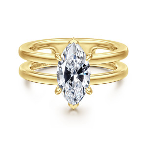 Gabriel & Co. ER16711M6Y44JJ 14 karat yellow gold Contemporary engagement ring, front view of a marquise center with pointed tip prongs at both ends and parallel bars behind