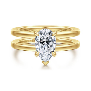 Gabriel & Co. ER16711P6Y44JJ 14 karat yellow gold Contemporary engagement ring, front view of a pear shaped center held between two plain parallel bands