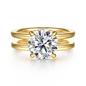 Gabriel & Co. ER16711R12Y44JJ 14 karat yellow gold Contemporary engagement ring, front view of a round center held between the two smooth rails of an open shank