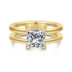 Gabriel & Co. ER16711S6Y44JJ 14 karat yellow gold Contemporary engagement ring, front view of a princess cut center between two parallel bands with an open slot